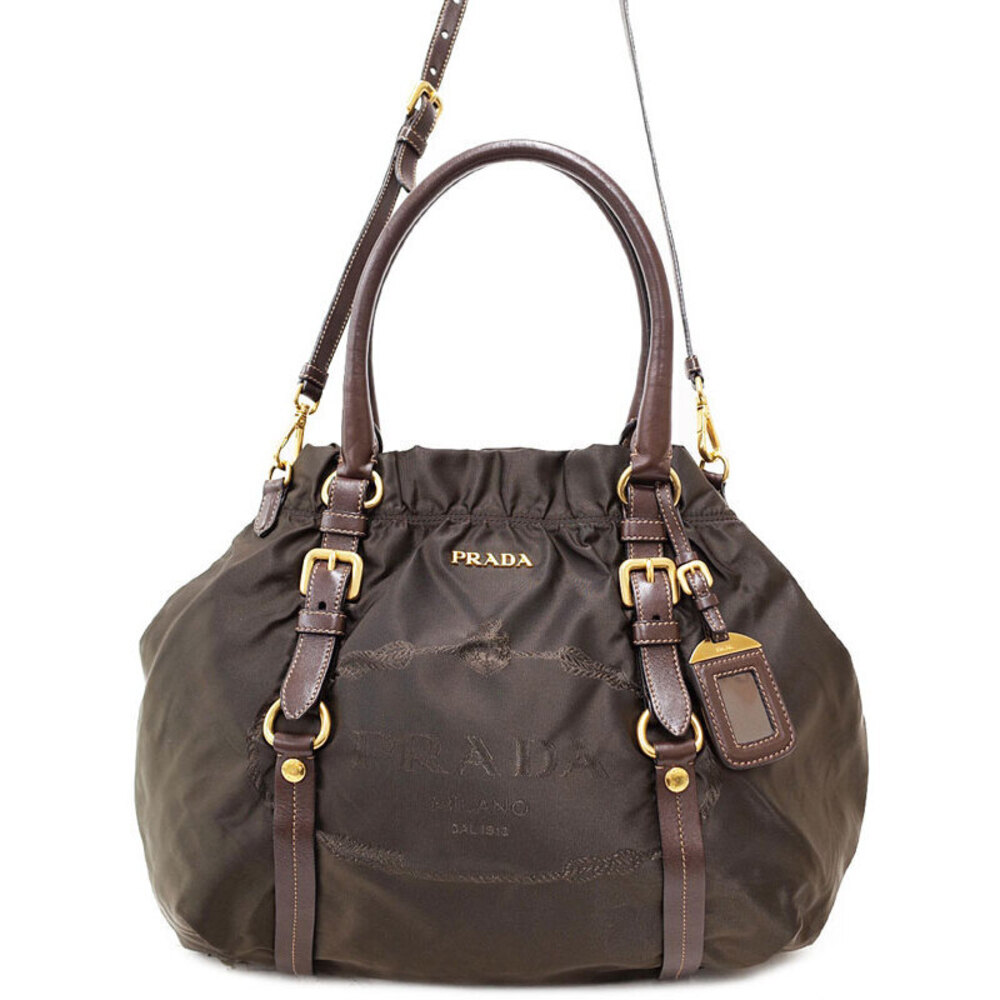 Prada Tessuto Logo Hobo Bag leather trim Brown